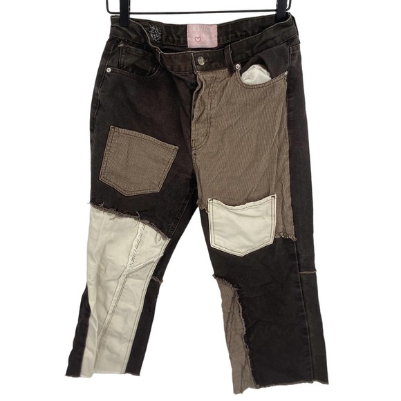 Rare! REVICE Womens Chino Patch Jeans Pants Sz 29/ 8 Wide Leg Cotton Brown White - Picture 2 of 8